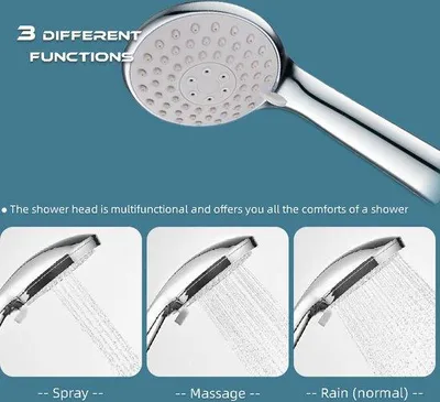 Produktbild von Handdouche mit Schlauch und Halter, 3 Funktionen, wasser sparend, ABS, Silber