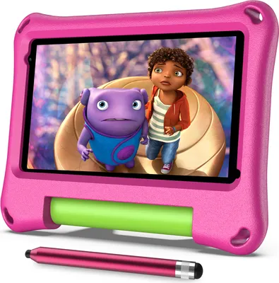 A pink tablet case with a screen displaying animated characters, a green handle, and a pink stylus in the foreground.