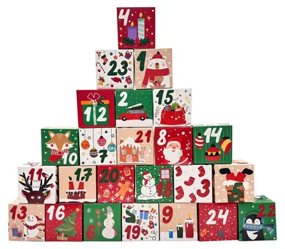 Adventskalender zum Befüllen, 24 Schachteln, 7x7x7 cm, rot/grün