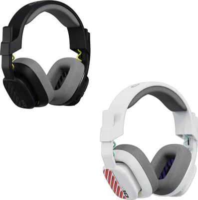 Two gaming headsets, one black and one white, are displayed against a white background.