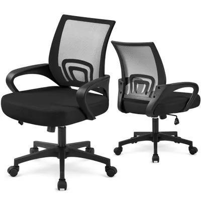 Zdjęcie produktu dla Yaheetech – zestaw 2 krzeseł biurowych: ergonomiczne krzesła obrotowe z siatkowym oparciem, regulacją wysokości i funkcją kołysania, kolor czarny