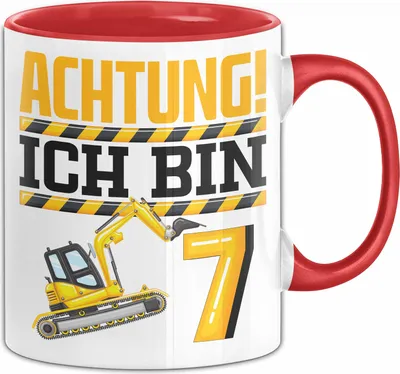 Produktbild von 7. Geburtstag Geschenk Tasse Becher Jungs Baustelle Geburtstagsgeschenk Achtung Ich Bin 7 (Rot)