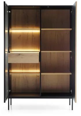 Image de Armoire vitrine 104 cm Haller - Vitrine avec porte vitrée & tiroir - Lamelles, éclairage LED - Style loft (Chêne Wotan / Noir)