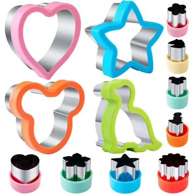 Productafbeelding van Koekvormen voor kinderen, brood, groenten, 12 stuks. Kleuren: roze, blauw. Motieven: dinosaurus, Mickey Mouse, ster, hart, bloemen, eenhoorn