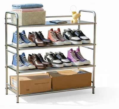 Immagine prodotto di Scaffale per scarpe a 4 ripiani, in acciaio inossidabile, salvaspazio, robusto, ideale per l'ingresso