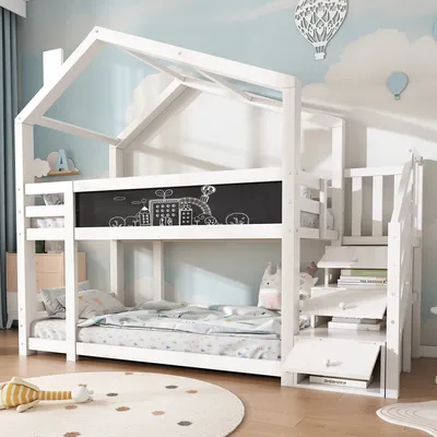 Obrázek produktu pro Sweiko dětská postel domek na stromě 90 x 200 cm, patrová postel pro děti s komínem a úložným prostorem a ochranou proti pádu, bílá, včetně desky 2x lamelový rošt (bez matrace)