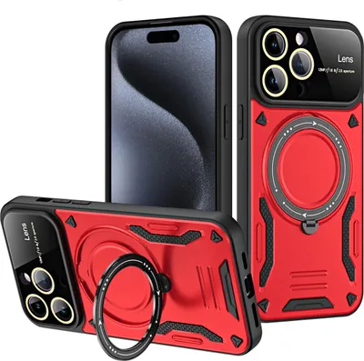 Produktbild von Rüstung Handyhülle für iPhone 15 Pro Dual-Layer Magnetisches Ringhalter Ständer Magsafe Hülle Rot
