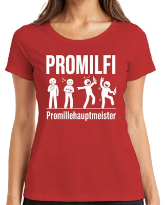 Immagine prodotto di PROMILFI - Maglietta da donna, colore rosso, taglia XL, con scritta "Promillehauptmeister" (Campione di alcol), "Lustig Saufen" (Divertente bere), "Bier Party" (Festa della birra), "JGA" (Addio al celibato/nubilato), "Alkohol" (Alcol)
