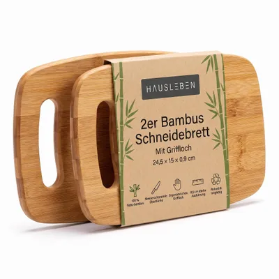 Produktbild von hausleben Bambus Schneidebrett mit Griffloch 2er Pack – Robustes 24,5x15 cm Holz Frühstücksbrettchen – Kleines Küchenbrett & Servierbrett für mühelose