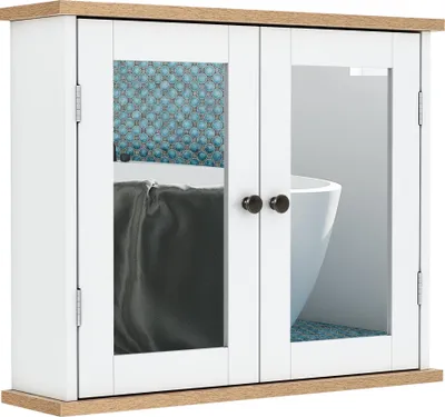 Image de kleankin Armoire Murale avec Miroir pour Salle de Bain 2 Niveaux avec 1 étagère réglable et 2 Portes en bois- dim. 56I x 14P x 46H cm
