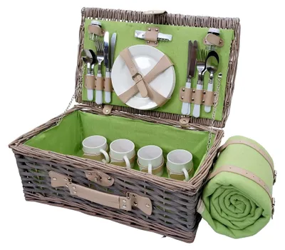Produktbild von Picknickkorb-Set für 4 Personen, Weidenkorb, Porzellan Edelstahl - grau-grün
