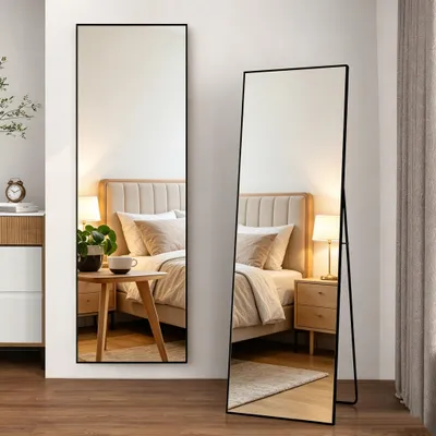 Produktbild von INONEFT Ganzkörperspiegel, 150 x 40 cm, rechteckiger Standspiegel,Wandspiegel, Rahmen aus Aluminiumlegierung, Hartglas, quadratische Ecke, Schwarz
