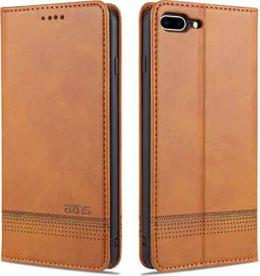Two views of a brown leather flip phone case for an iPhone 8 Plus.