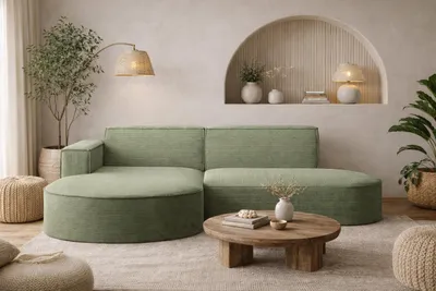 A modern living room setting with a green sectional sofa, coffee table, and decorative items.