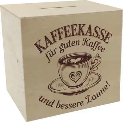Produktbild von Kaffeekasse Spardose aus Holz mit Kaffeebecher - Kaffeekasse für gute Laune
