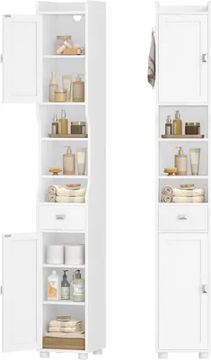 Zdjęcie produktu dla Szafka łazienkowa, wysoka szafka - wąska kolumnowa szafka - idealna do małych pomieszczeń - półki regulowane - 28x28x180 cm - biały