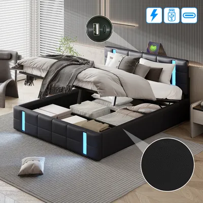 Obrázok produktu pre Čalúnená posteľ Fortuna Lai 140x200 cm s podnožou a LED osvetlením, hydraulická skriňová pružinová posteľ s čelom a lamelovým roštom, koženková manželská posteľ pre mladých, čierna