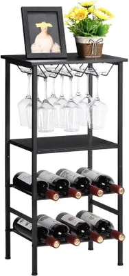 Image de Casier à vin en bois à 4 niveaux, pouvant contenir 8 bouteilles, avec plateau et compartiment à verres, noir