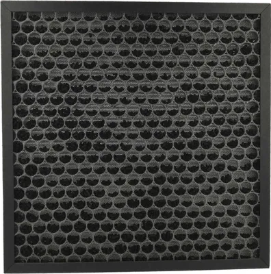 A close-up, front-facing view of a square air filter with a black frame and a honeycomb-like pattern of charcoal-colored filtration material.