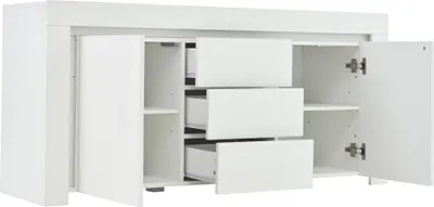 Produktbild von okwish Kommode Sideboard mit Hochglanz,Beistellschrank mit LED-Lichtleiste und Stauraum,Wohnzimmerschrank mit 3 Schubladen und 2 Türen,Weiß