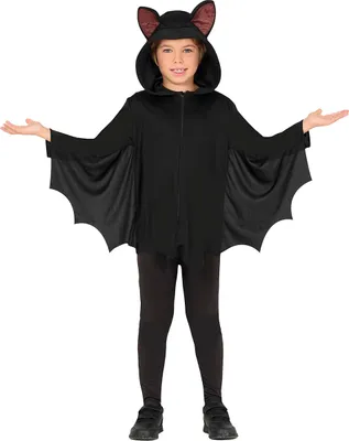 Productafbeelding van Vleermuis-avonturenkostuum voor Halloween, met oren, vleugels en kap, zwart. Geschikt voor kinderen, voor feestjes, nachtelijke evenementen, thema's als kat, sprookjeswereld, spookhuis. Geschikt voor kinderen, kleding voor kinderen, donkere kleuren, feest. Maat: 128/134. Kleur: zwart