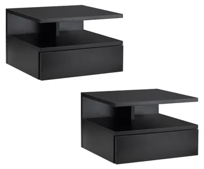 Image de Lot de 2 Tables de Chevet murales - Lot de 2 Tables de Nuit - tiroir Coulissant, Niche, Plateau - Panneaux Particules noir