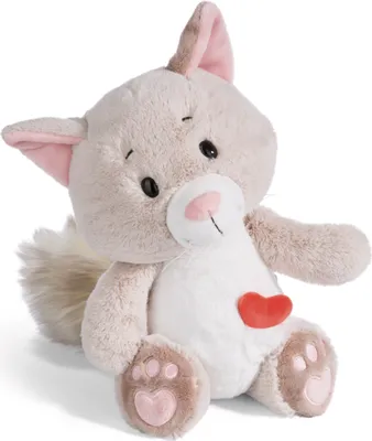 A plush toy cat with a red heart on its chest, sitting on a white background.