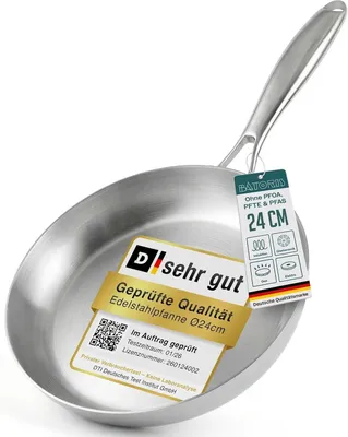 Produktbild von Edelstahlpfanne Unbeschichtet - Induktion - Profi Bratpfanne 24cm - Perfekt als Steakpfanne & Pastapfanne ohne Beschichtung - Brat- Universalpfanne