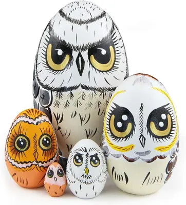 Productafbeelding van Russische uildieren houten nestpoppen - Set van 5 - Matryoshka-pop - Handgemaakte eivormige stapelbare houten pop