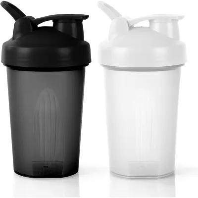 Produktbild von Protein Shaker 400ml mit Messskala, Henkel & Mischkugel, BPA Frei, Auslaufsicher, Geruchsneutral, Schwarz+Weiß