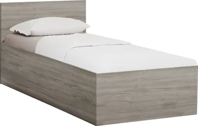 A single bed with a headboard, mattress, and bedding, shown from a side-angle against a white background.