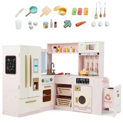 Produktbild von KOMFOTTEU Kindereckküche, Spielküche für Mädchen mit Kühlschrank, Ofen, Mikrowelle & Waschmaschine, Kinderküche mit 22 Zubehörteilen, Kinderspielküche mit Licht und Sound für Kinder ab 3 Jahren