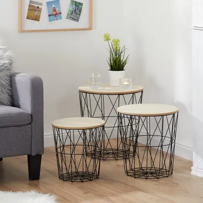 Produktbild von 3er Set Beistelltisch aus Metall mit stabiler Holzplatte
