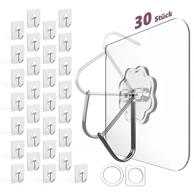 Produktbild von Lindenstein Klebehaken extra stark, 30er-Set, selbstklebend, transparent, 180° drehbar, wetterfest, bis 10 kg, KI-generiertes Bild