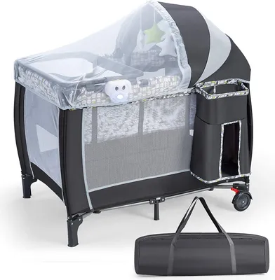 Produktbild von COSTWAY 3 in 1 klappbares Reisebett & Wickeltisch & Laufstall mit abnehmbarem und verstellbarem Moskitonetz, inkl. Spieluhr, Spielbogen, Wickelauflage, Matratze, Windel Organizer und Tragetasche