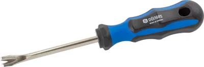 A tool with a metal shaft and a blue and black handle, isolated on a white background.