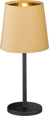 A modern table lamp with a tan shade and a black base and stem.