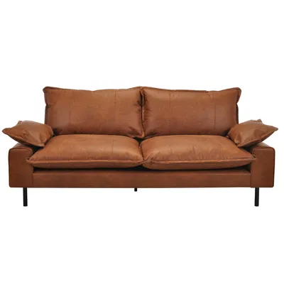 Produktbild von Miliboo - Sofa aus Leder in Antikoptik in Cognacbraun und schwarzem Metall 3-Sitzer DORY