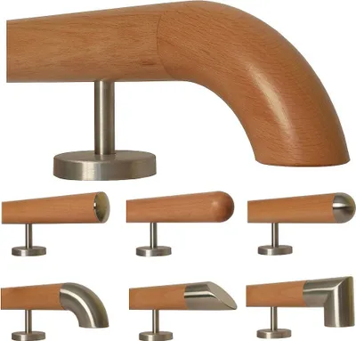 Produktbild von TIBU Buche Holz Handlauf Geländer 0,3m - 5m, Länge 390 cm, Ende Holzkrümmling und 5 gerade Halter