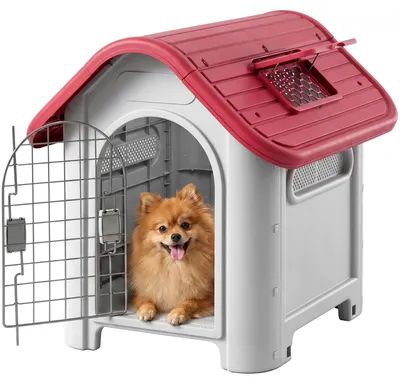 Produktbild von PawHut Hundehütte Outdoor Tor für kleine Hunde Rot+Hellgrau 59x75x66 cm
