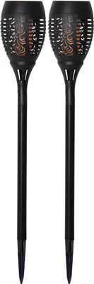 Produktbild von Star Trading 480-09 LED-Solar-Fackel "Flame", 2er Set schwarz, Kunststoff, imitiert Feuer, je ca. 9x50 cm, Solarpanel, Akku, outdoor, Vierfarb-Karton