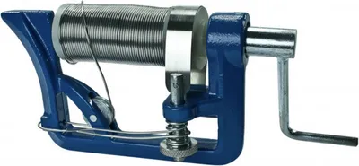 A blue wire winding machine with a spool of wire.
