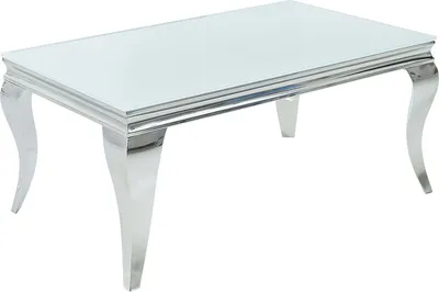 A rectangular coffee table with a white glass top and silver, ornate legs.