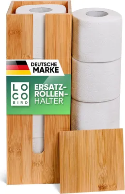 Produktbild von Toilettenpapierhalter für 4 Rollen aus Bambus mit Deckel und Regal - Stehende Reserve-Rollenhalter - Umweltfreundlicher Toilettenpapierkorb