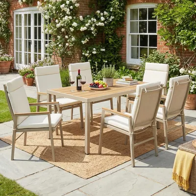 Produktbild von Merax Garten-Essgruppe 6 Personen mit Kunststoffholz Tischplatte, Gartenmöbel-Set mit Tisch und 6 Stühlen, Gartenlounge-Set aus Verzinktes Eisen, Khaki + Beige