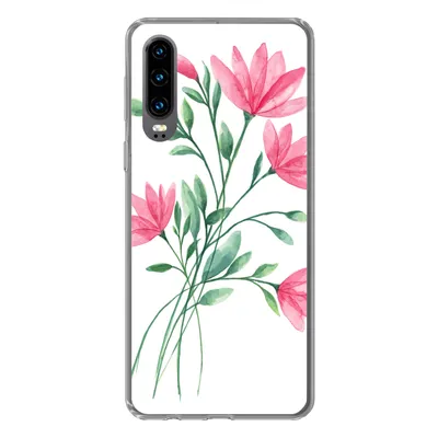 Produktbild von MuchoWow® Handyhülle Schutzhülle Hülle für Huawei P30 Blumen - Aquarell - Rosa Silikon Softcase Handy Hülle - Kartenbesitzer