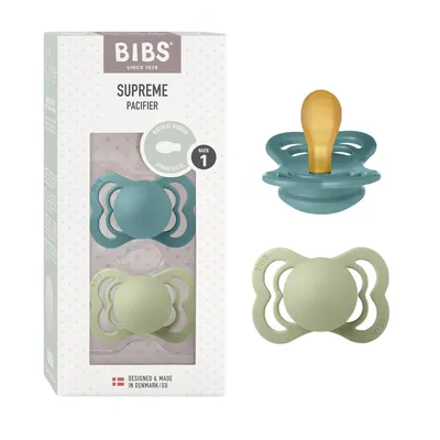 Productafbeelding van BIBS Supreme fopspeen, 2-pack, BPA-vrij, symmetrische speen. Natuurrubber / latex, geproduceerd in Denemarken. Maat 1 (0-6 maanden), kleur: Island Sea / Sage