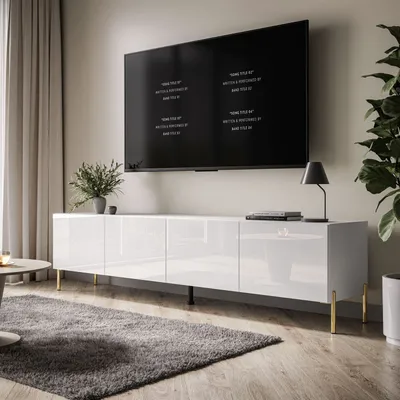 A modern living room with a white TV stand and a large TV mounted on the wall.