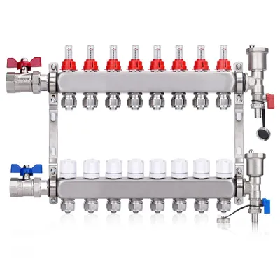 Produktbild von 8 Heizkreise | Heizkreisverteiler mit Eurokonus 3/4 (20 x 2 mm) | 1" Kugelhähne Manueller Entlüfter Flussmesser Durchflussmesser Fußbodenheizung HKV