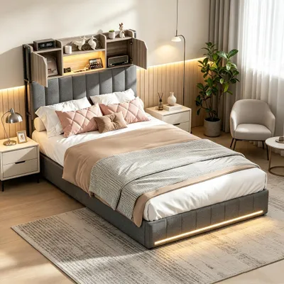 Obrázek produktu pro Postel INONEFT, 90x200 cm, čalouněná, s nabíjecí stanicí a LED osvětlením, dětská postel, jednolůžko, s roštem a 2 zásuvkami, čelo postele s úložným prostorem, materiál: len, barva: šedá